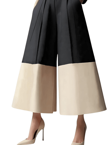Urban Women's Stylish Contrast Color Wide-Leg Pants 2025 New Trendy Elastic High Waisted Casual Trousers No Belt, Drestiny, Black, Beige, S, M, L, XL, XXL, 2XL, Dress Pants, United States, USA, Canada, Australia, New Zealand, United Kingdom, UK, contrast color wide leg pants, women's contrast wide leg trousers, high waisted contrast color pants, striped wide leg pants contrast, color block wide leg pants, shopdrestiny.com